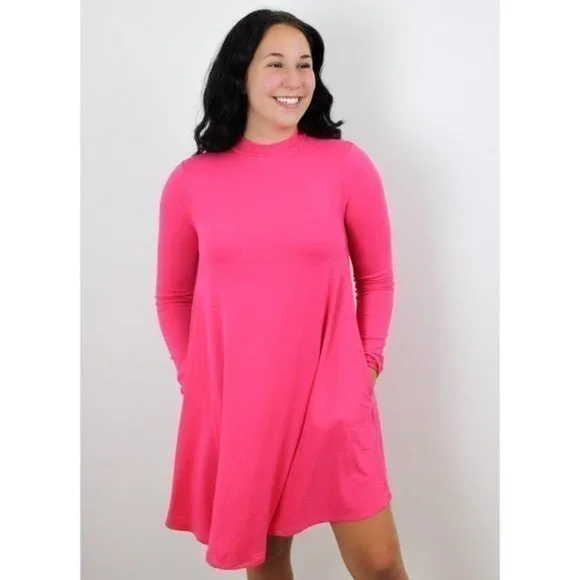 Long Sleeve Mock Neck Mini Dress - Hot Pink - Picture 1 of 4